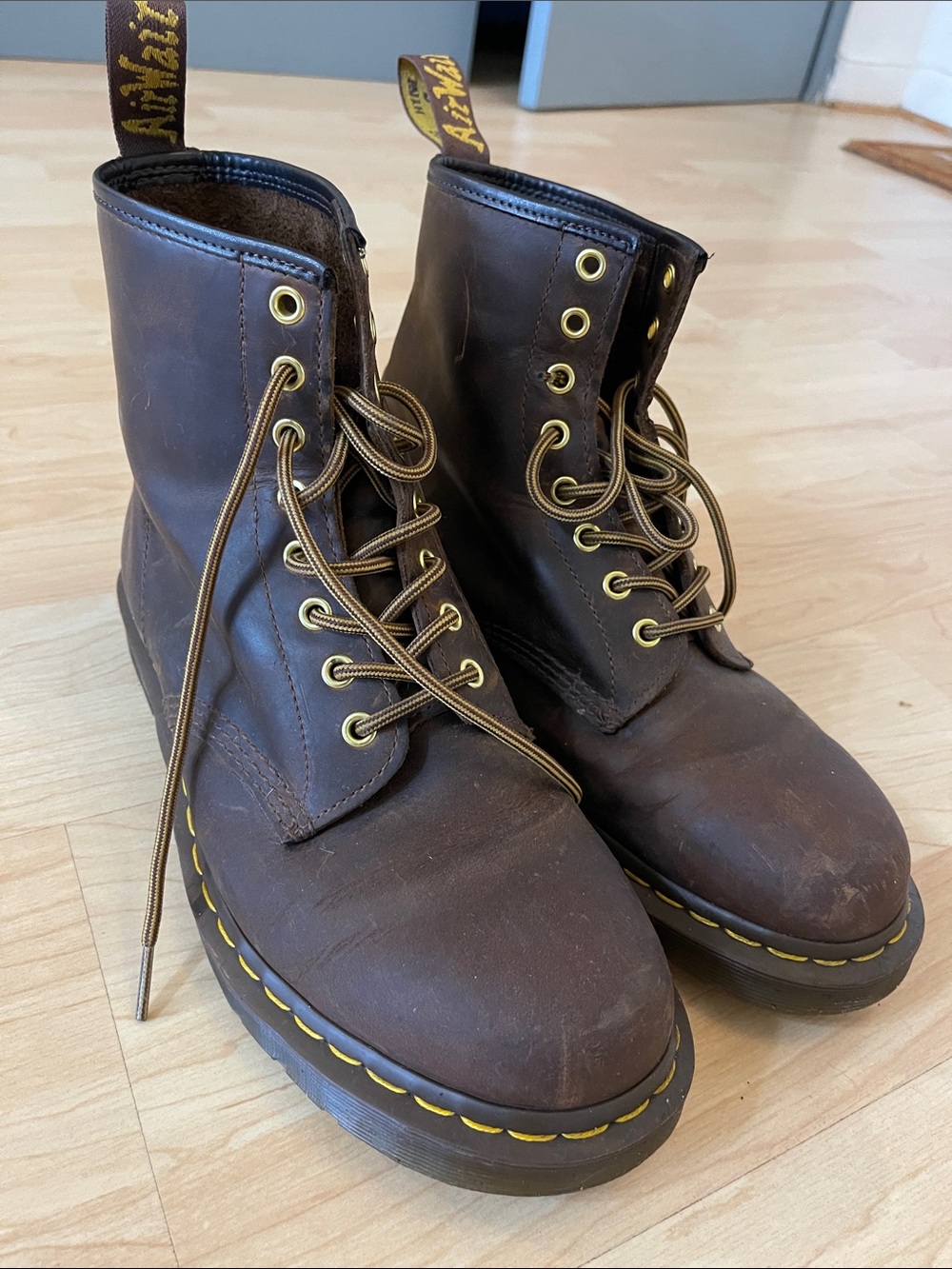 Dr. Martens Men's Brown Leather Lace-Up Boots with Yellow Stitching